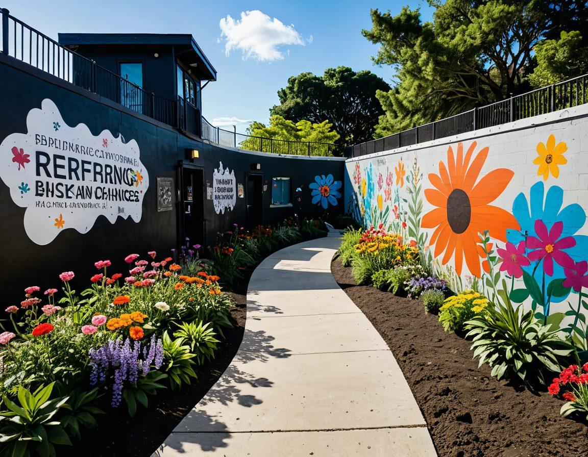 A path winding from a dark prison cell to a bright, sunny park filled with cheerful reformed felons engaging in community activities, symbolizing transformation and hope. The background features a mural of positive messages and diverse faces, representing unity and second chances. Vivid colors convey optimism and resilience. super-realistic. vibrant colors. inspirational.