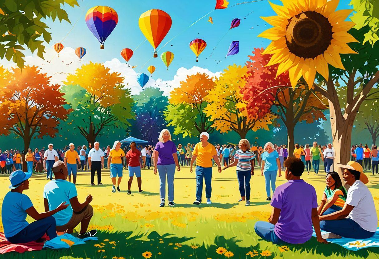 A vibrant community scene showing cheerful former felons engaging positively with people of all ages, sharing stories and laughter in a park setting. Include symbols of hope, like sunflowers and rainbow kites, to represent transformation and new beginnings. Illustrate a diverse group of individuals, showcasing joy, trust, and connection. Bright colors and soft, warm lighting to enhance the uplifting atmosphere. vector art. vibrant colors. 3D.